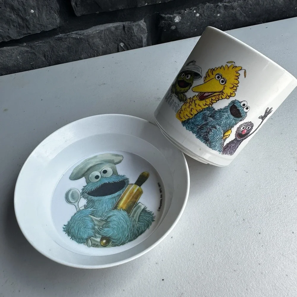 Vintage 1977 Sesame Street Cookie Monster Melamine Cereal Bowl Big Bird Cup Mug